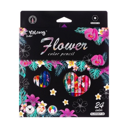 Pencils 24 colors in a cardboard box, hexagonal, wooden, flowers on a black mix-4