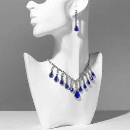 Set 2 objects: earrings, necklaces "Monique" Waterfall, white-blue color in silver, 30 cm