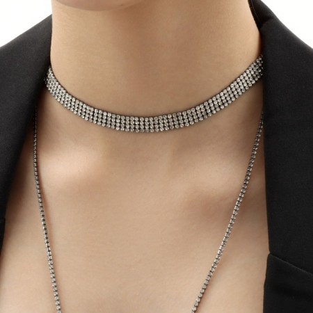Set 2 objects: earrings, chocker "ice" 4 rows, white color in gray metal, 44.5 cm-1