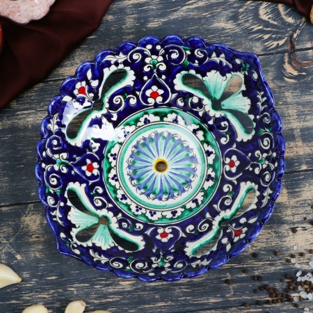 Rishtan ceramics "Flowers", 25 cm, blue, corrugated, oval-1