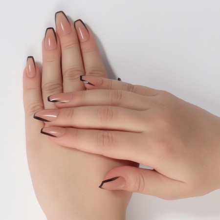 Franch overhead nails, 12 pcs, with adhesive plates, ballerina shape, beige color/black-12