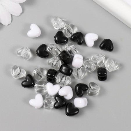 Plastic beads "Heart. Black, white, transparent" set of 20 g 1.2x0.9x0.8 cm