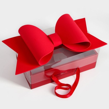 Gift box with a bow, handles and a transparent lid 35 x 21 x 15 cm red-1