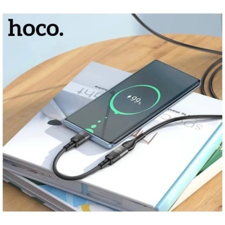 Hoco U107, Type -C (M) cable - Lightning (F), 2 A, 0.1 m, wicker wire, OTG function, black-6