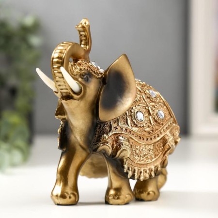 Souvenir Polystone "Elephant in the Golden Popone with Crystals" 13.5x12.5x5.5 cm-1