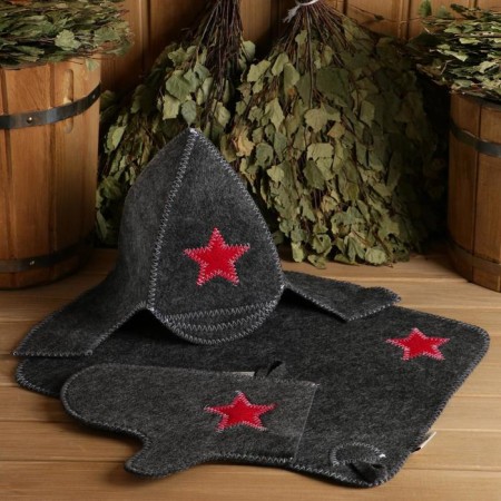 Set for the bath "Budenovets" gray: hat, rug, mitten