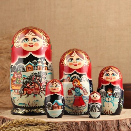 Troika matryoshka, red scarf, 5 puppet, suite