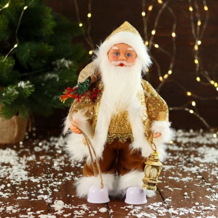 Santa Claus "in a suit with sequins, with a flashlight" moves, with backlight, 28 cm, gold
