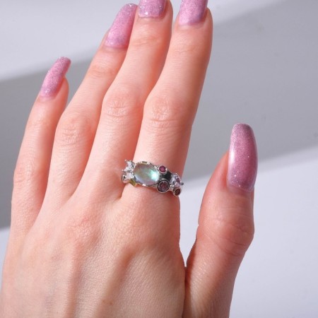 Ring under the natural stone "Sunset", purple color in silver, dimensionless-2
