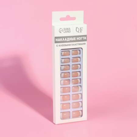 Falbled nails, 24 pcs, with glue plates, soft square shape, beige/white color-6