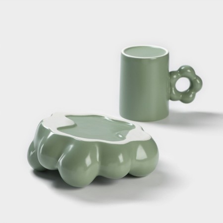 Coffee steam ceramic "chamomile", 2 items: a mug 260 ml, a saucer d = 17 cm, green color-3