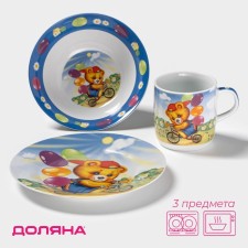 A set of children's utensils from ceramics of the bicycle Mishka, 3 items: 230 ml mug, 400 ml bowl, plate d = 18 cm
