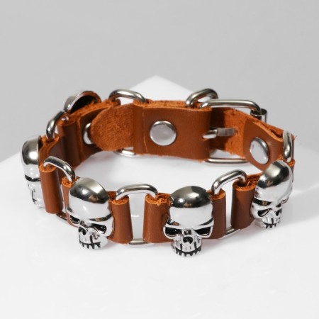 Bracelet Skin "Skull" rhythm, brown color with silver, 21.5 cm-1