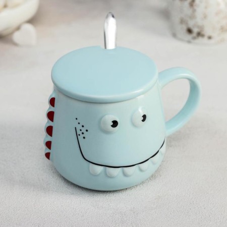 Ceramic mug with a lid and a spoon "Zubastik", 480 ml, color mix-4