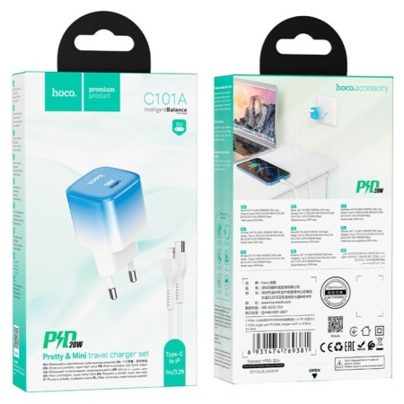 Network charger Hoco C101A, Type-C, 20 W, PD + Qc, Type-C-Lightning, 1 m, blue-7