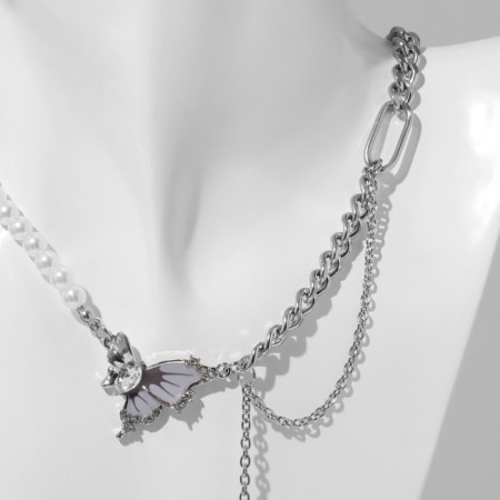 Assorted chain of pearls with a chain, white color in silver, 30 cm-1