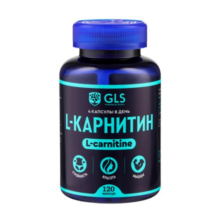 L-carnitine 800 GLS Pharmaceuticals, fat burning and physical endurance, 120 capsules of 400 mg.