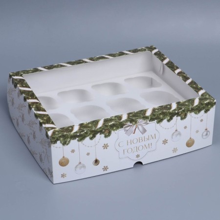 Folding box for 12 cupcakes with the window "Happy New Year!" 32.8 x 25.6 x 10 cm, New Year-1