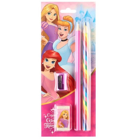 Chancellery set, sharpener, eraser, pencil, princesses color mix-2