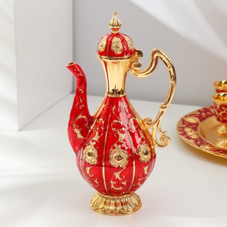 Set of wine jug, 6 glasses and tray "Türkiye. Medallion and patterns" red with gold-4