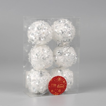 Set of balls plastic D-6 cm, 6 pcs "Alvaro" sequin, white-1