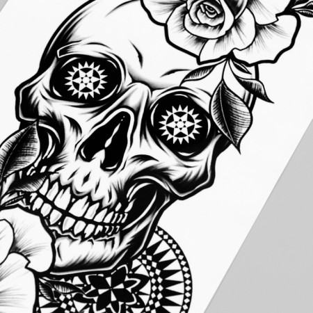 Tattoo on the body black "Skull in flowers" 48x17 cm-2
