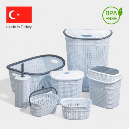 Set for the bathroom, 7 items: basket 4 pcs, basket for linen, garbage bucket, ruff, white color