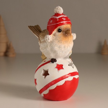 Souvenir Polystone Light "Bird in a hat with pompons on a Christmas ball" 7.5x9.5x15 cm-1