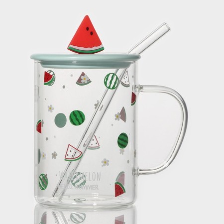 Glass mug with a ceramic lid and pipe "Frutis", 450 ml, color mix-9