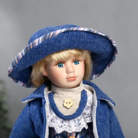Doll Collectible Ceramics "Stasya in a blue striped dress and blue jacket" 40 cm-4