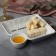 Ceramic dish with bon appetit sauce, 18.6 x 17.5 x 4 cm, white color