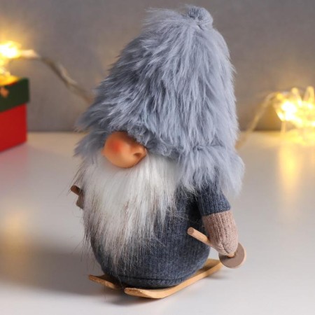 Interior doll "Santa Claus in a gray fur cap, skiing" 21x11x13 cm-3