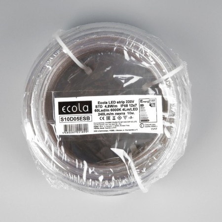 Ecola 12 × 7 mm LED strip, 10 m, IP68, SMD2835, 60 LED/m, 4.8 W/m, 220 V, 6000K-5
