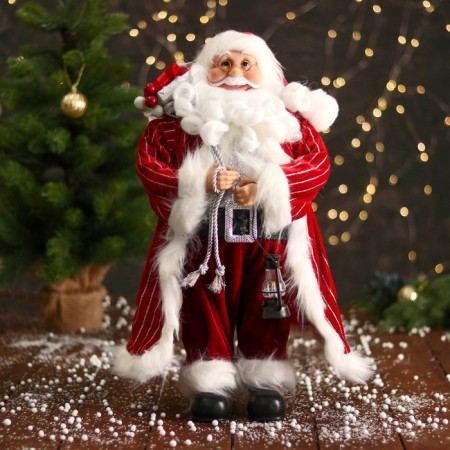 Santa Claus "in a striped fur coat, flashlight and gifts" 47 cm, white-red