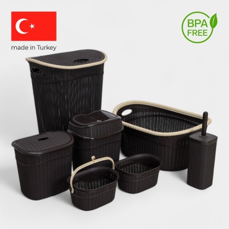 Set for the bathroom 7 items: basket 4 pcs, basket for linen, bucket for garbage, ruff, brown color