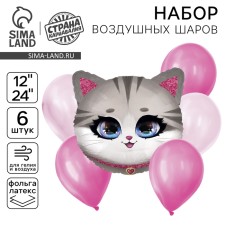 Букет из шаров «Кошечка», розовый, латекс, фольга, набор 6 шт.