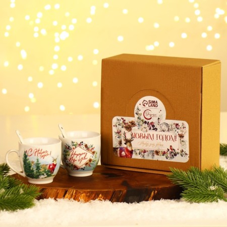Happy New Year ceramics set, 180 ml mug, 2 pcs, spoon 2 pcs, white color-1