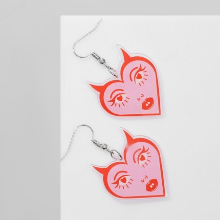Acryl Earrings "Heart" with a face, the color is pink red-1
