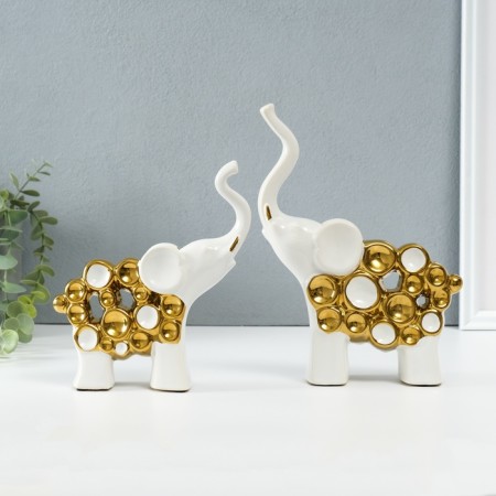 Souvenir Ceramics "Two Elephants - Bubbles" White with gold set 2 pcs 4x17x18 5x16.5x22 cm