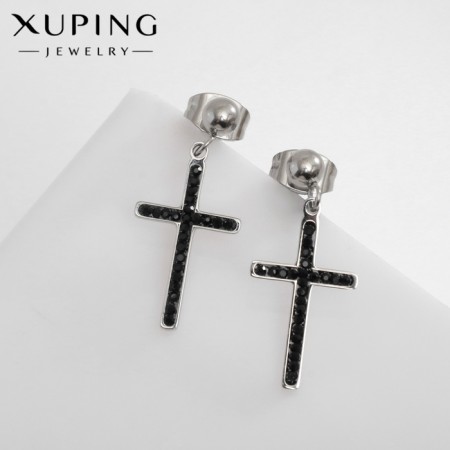 Earrings with rhinestones Xuping cross grace, black color in silver