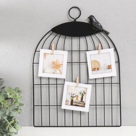 Photo frame metal in 3 photos "Bird on a cage" with clothespins, black 30x30 cm