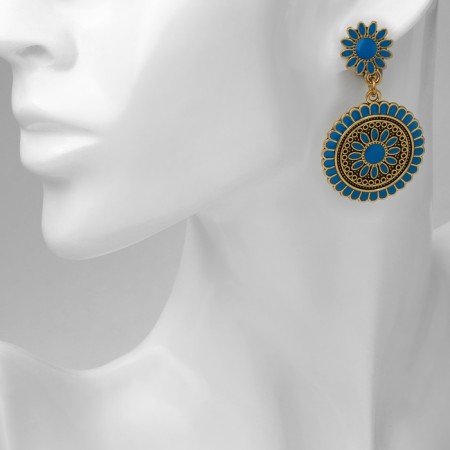 Clips "Ethnic" Flower circles, blue color in black gold