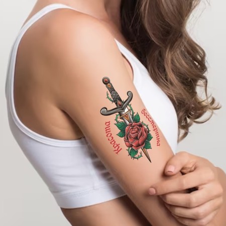Tattoo on the body color "Dagger and rose - beauty is immortal" 10.5x6 cm-3