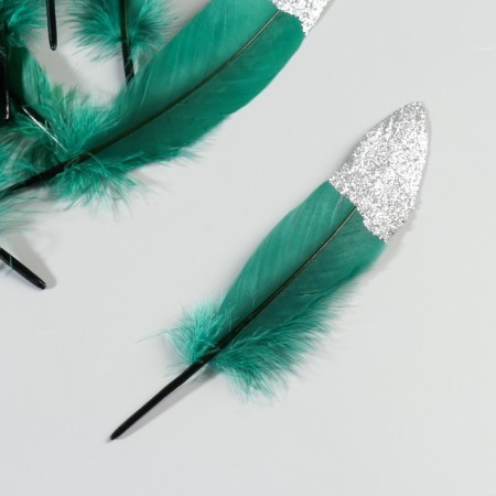 A set of goose feathers 15-20 cm, 10 pcs, dark green with silver chips-2