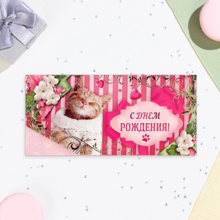 Money envelope "Happy Birthday!" Cutting, embossing, cat, 8x17 cm-1