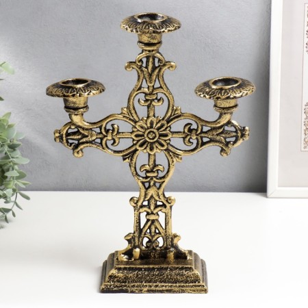 Cast iron candle for 3 candles "Celt" Golden Patina 33x9x24 cm-1