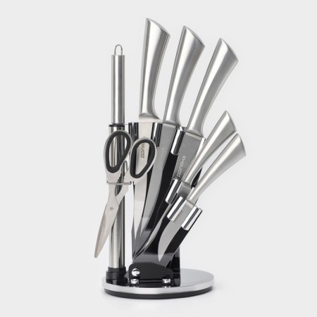 A set of kitchen knives on the ardone stand, 7 objects: 5 knives, musat and scissors, chrome color