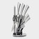 A set of kitchen knives on the ardone stand, 7 objects: 5 knives, musat and scissors, chrome color
