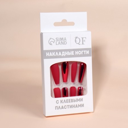 Patch nails, 12 pcs, with adhesive plates, ballerina shape, matte/chrome, burgundy/red color-4