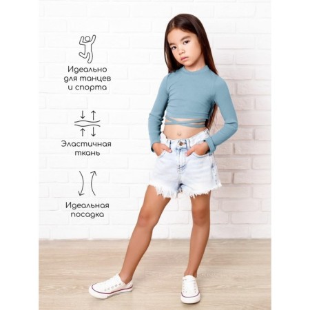 TOP for a girl with long sleeves on Generation ties, height 128 cm, blue color-2